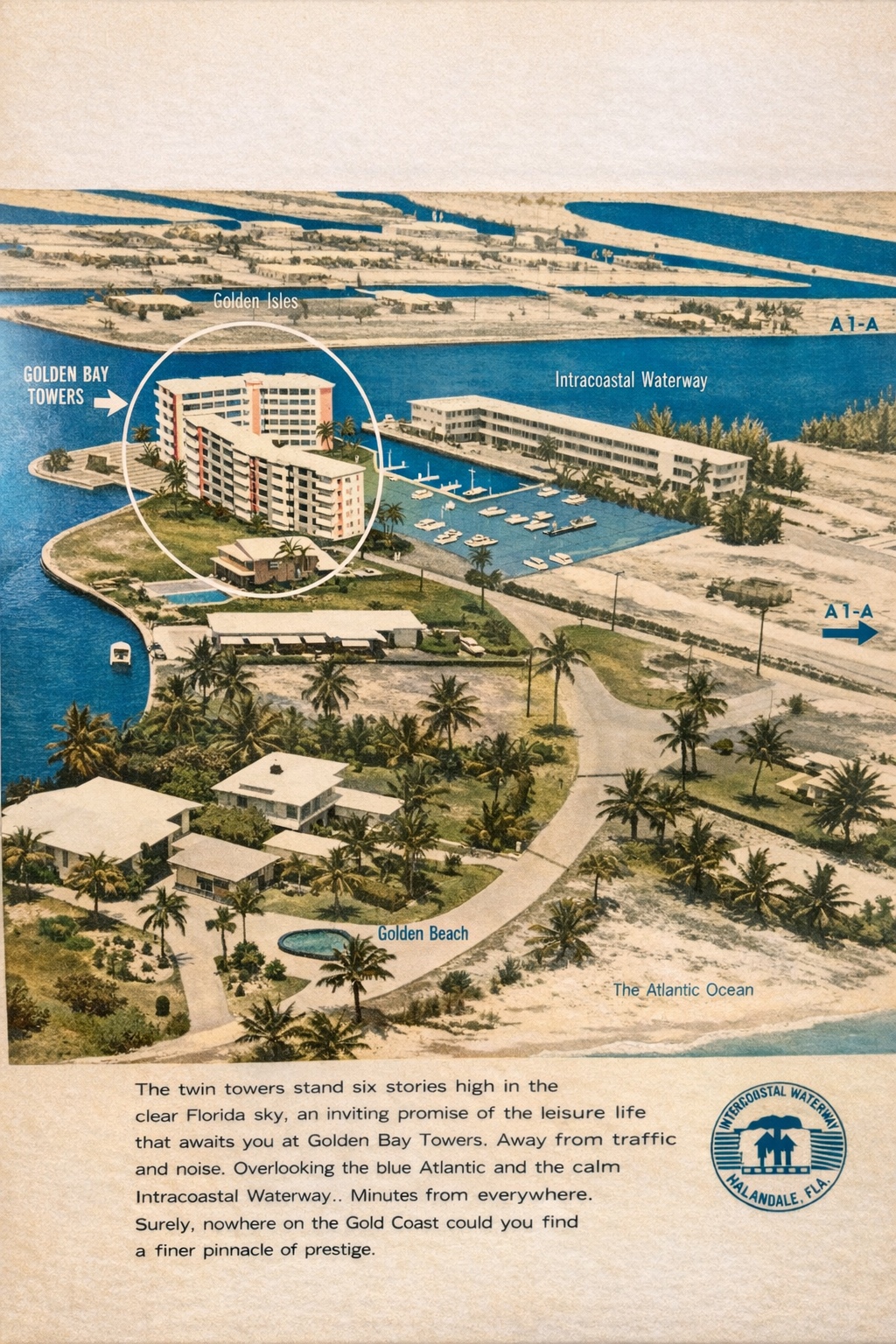 Aerial photograph with site plan overlay showing Golden Bay Towers location