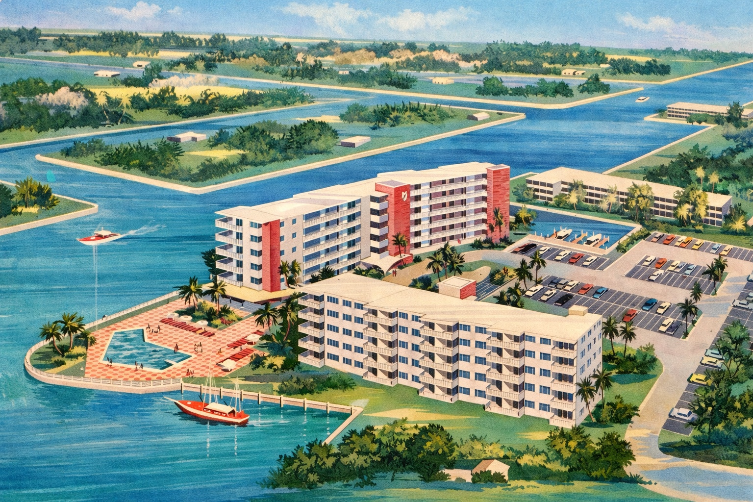 Original 1962 watercolor aerial rendering of Golden Bay Towers